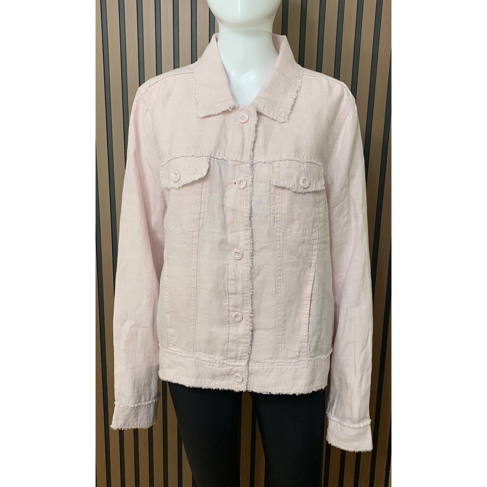 Tommy Bahama Women's XL Pink 100% Linen Raw Edge Button Up Trucker Jacket